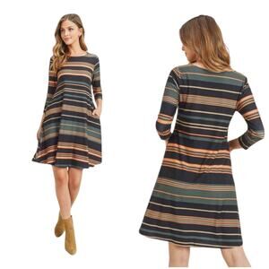 Yelete Striped Dress Women’s Size Large Stretch 3/4 Sleeve Pockets Soft Comfy